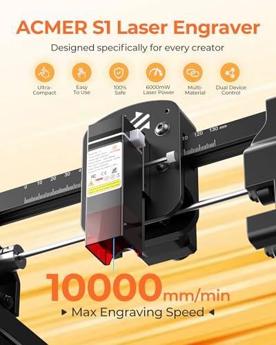 ACMER S1 Laser Engraver for Beginners, 6000mW Lazer Engraving Machine with 130x130mm Working Area, Laser Cutter for Wood, Acrylic, Leather, DIY Crafts & Small Business ACMER