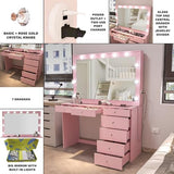 Boahaus Serena Large Makeup Vanity Desk with Hollywood Lights, 11 Drawers, Hair Dryer Hanger, USB Type-C & Type-A, 110V Power Outlet for Beauty Tools, Glass Top, Crystal Knobs – Premium Pink Finish Boahaus
