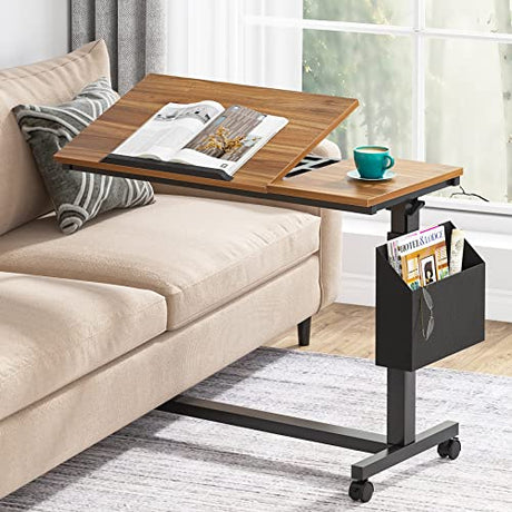 Tribesigns Height Adjustable C Shaped End Table with Wheels and Side Pocket, Mobile Sofa Snack Table with Tiltable Drawing Board, Laptop Side Tray Table for Couch Bed (Walnut Brown) Tribesigns