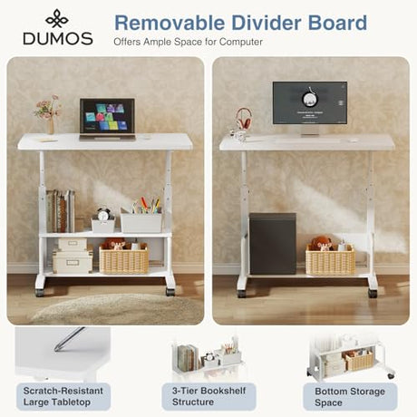 DUMOS 31.5" Manual Standing Desk, Height Adjustable Mobile Computer Desk with Lockable Wheels & 2-Tier Storage, Rolling Laptop Table for Small Spaces & Home Office, White DUMOS