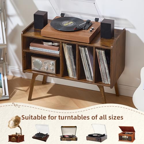 Lerliuo Record Player Stand with 4 Cabinet Holds Up to 220 Albums, Large Turntable Stand with Beech Wood Legs, Mid-Century Record Player Table,Retro Brown Vinyl Holder Storage for Bedroom Living Room Lerliuo