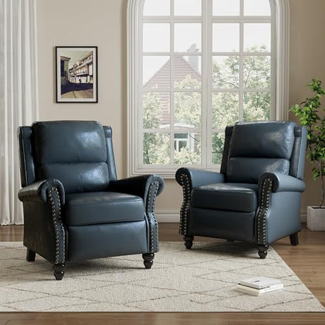 Pushback Recliner Chair, Faux Leather Wingback Recliner Chair, Upholstered Armchair Push Back Recliner with Wood Legs, Rivet Trim Single Sofa Accent Chair for Living Room, Bedroom, Navy Qatiby