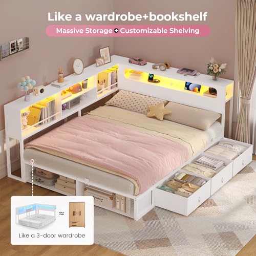 ADORNEVE Corner Bed Frame Full Size with Bookcase Storage & RGB Lights, Charging Station, Metal Daybed with 3 Drawers & 2 Open Cubbies, for Teens, Small Space, White ADORNEVE