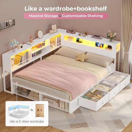 ADORNEVE Corner Bed Frame Full Size with Bookcase Storage & RGB Lights, Charging Station, Metal Daybed with 3 Drawers & 2 Open Cubbies, for Teens, Small Space, White ADORNEVE