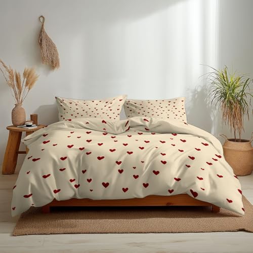 Cream Reversible Duvet Cover Set 2Pcs Small Single Size, Minimalist Red Heart Pattern Bedding Set for Boys Girls Kids Bedroom Decor - Soft Comfy Cozy Microfiber Print Duvet Cover with 1 Pillowcase Generic