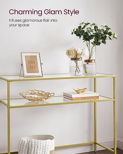 VASAGLE 39.4 Inch Console Sofa Table, Modern Entryway Table, Tempered Glass Table, Metal Frame, 2 Shelves, Adjustable Feet, for Living Room, Hallway, Gold Color ULGT025A01 VASAGLE