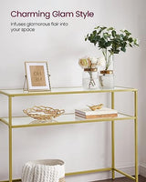 VASAGLE 39.4 Inch Console Sofa Table, Modern Entryway Table, Tempered Glass Table, Metal Frame, 2 Shelves, Adjustable Feet, for Living Room, Hallway, Gold Color ULGT025A01 VASAGLE