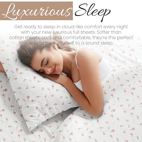 Linen Market Double-Brushed Patterned Microfiber Full Sheet Set 4 Piece – Oeko-TEX Certified Ultra Soft & Wrinkle-Free - 16" Deep Pocket Sheets - Easy Care Full Size - Soft Floral Pink Linen Market