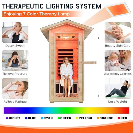 Albott Outdoor Sauna 1 Person, Infrared Saunas for Home, Low EMF 110V Spruce Wood Dry Sauna with Tourmaline Stone Foot Warmer, 7-Color Light Therapy & 2 Bluetooth Speakers, 33.5"x35.4"x78.7" Albott
