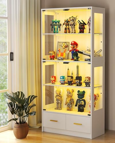 Lamtor Glass Display Cabinet with Doors - Curio Cabinet with Dynamic LED Lights for Collectibles, 67" Display Case with 4 Tier and Drawers for Figure, Toys, Books, White Lamtor