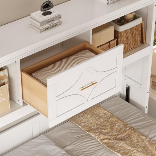 TCMILA Twin Size Horizontal Murphy Cabinet Bed with Storage Drawer, 2-Cabinets, USB-Port, Plug Outlet, Foldable Murphy Wall Bed with Wooden Headboard, Space Saving, for Kids Adults, White TCMILA