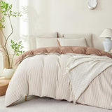 TISPLR Comforter Set Queen Size Striped Soft Luxury Washed Microfiber Jacquard 3 Pieces Bedding, White Dark Brown Vertical Ticking Stripes Comforter with 2 Pillowcases Breathable Durable Comfy TISPLR