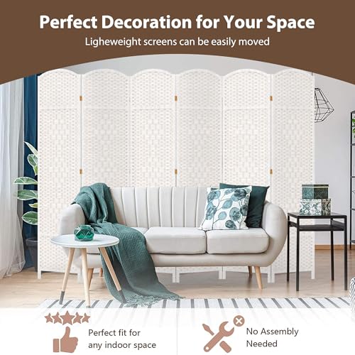 Duraspace 6 Panels Room Divider 6 FT Tall Weave Fiber Privacy Screen Freestanding Double Hinged Folding Screen Extra Wide Room Dividers for Patio Privacy (Off White) DURASPACE
