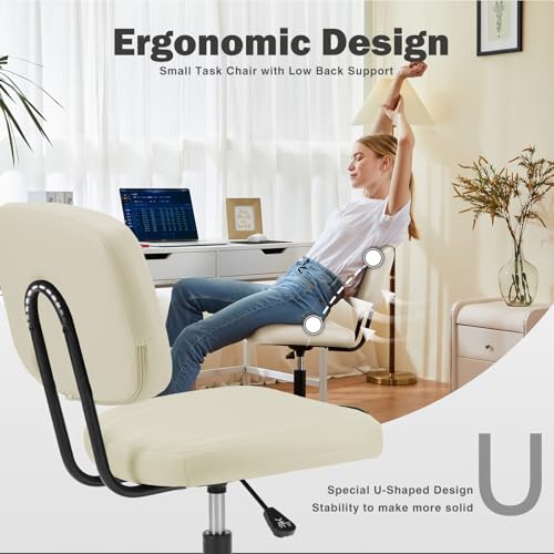 DUMOS Small Armless Home Desk Executive Chair with Low Back Lumbar Support, Height Adjustable PU Leather Computer Office Chair with 360° Swivel Wheels for Kids and Adults, Beige DUMOS