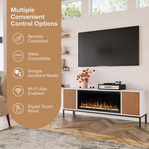 Modern Ember Emory 72-in Smart Electric Fireplace TV Stand | 42” Firebox Heater | Multi-Flame Colors | Remote Control, Alexa/WiFi Enabled | Fits TVs up to 80” | White with Fluted Details Modern Ember