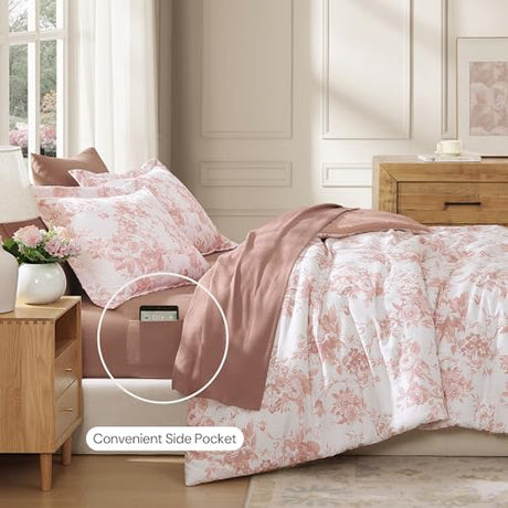 BLOOMHAVEN Full Comforter Set -7 Pieces Pink Floral Comforter Set for All Seasons, Bed in a Bag Full with Botanical Flowers Comforter, Sheets, Pillowcases & Shams BLOOMHAVEN