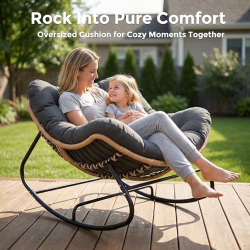 SWITTE Oversized Outdoor Papasan Rocking Chair, Wicker Egg Chair with Thick Cushion, Patio Lounge Rocker Bed for Indoor & Outdoor, Bedroom, Balcony, Porch, Garden, Dark Gray