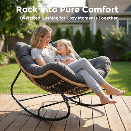 SWITTE Oversized Outdoor Papasan Rocking Chair, Wicker Egg Chair with Thick Cushion, Patio Lounge Rocker Bed for Indoor & Outdoor, Bedroom, Balcony, Porch, Garden, Dark Gray SWITTE