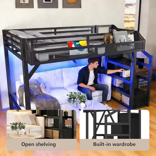 Bellemave Twin XL Loft Bed with Storage Stairs, Shelves & Wardrobe, Twin XL Metal Loft Bed Frame with LED Lights & USB Ports for Kids Teens, Noise-Reduced Design, Black Bellemave