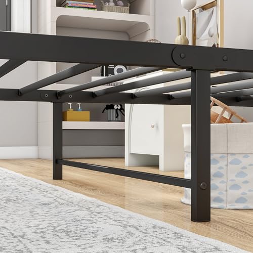 BOFENG Twin Bed Frame with Wood Headboard and USB Charging Station/LED Lights,Metal Single Platform Bed Frame Twin Size No Box Spring Needed,Heavy Duty Metal Slats Support,Noise Free,Black BOFENG