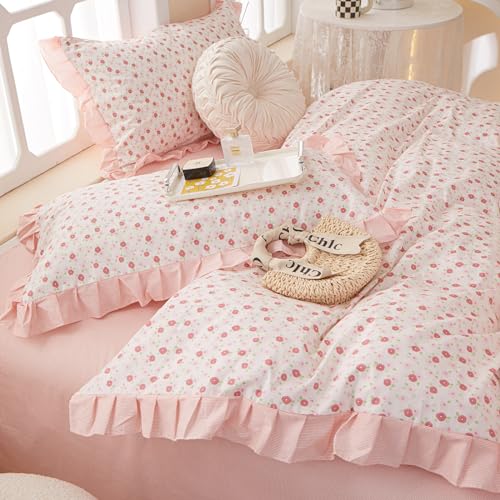EAVD French Style Garden Pink Floral Comforter Set Full Girls Fluffy Soft Microfiber Chic Shabby Floral Bedding Set with 2 Pillowcases Fresh Ruffled Botanical Comforter Set for All-Season EAVD