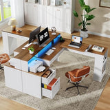 STHYTON Farmhouse 63" L Shaped Standing Desk, Corner Computer Desk with Drawers, Office Desk with File Drawers with RGB Lighting & Charging Station, Monitor Stand and Storage Shelves, White and Walnut STHYTON