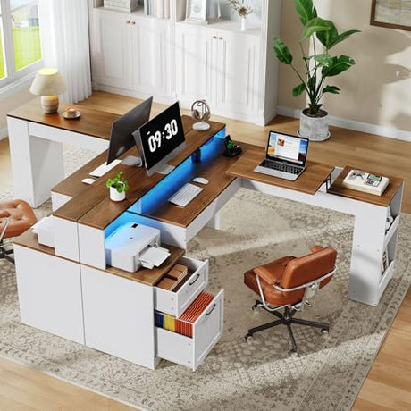 STHYTON Farmhouse 63" L Shaped Standing Desk, Corner Computer Desk with Drawers, Office Desk with File Drawers with RGB Lighting & Charging Station, Monitor Stand and Storage Shelves, White and Walnut STHYTON