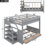 P PURLOVE Full Size Futon Bunk Bed with Storage,Full Over Full Futon Bunk Bed with Storage Staircase,Convertible Bed Frame with Bedside Table,can be Converted into Daybed P PURLOVE