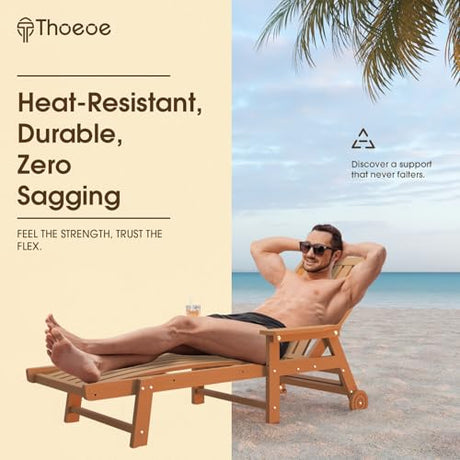 THOEOE Patio Chaise Lounge Chair, Oversized Lounge Chair Outdoor with 5 Positions, 78″ Long, HDPE, Patio Lounge Chair with Wheels & Cup Holder for Pool, Deck, Poolside,Wood THOEOE
