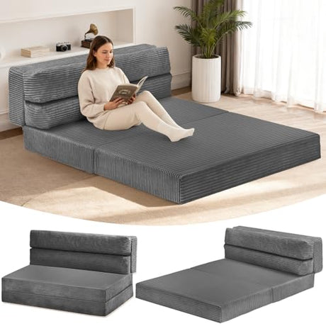 feliz home Folding Mattress Twin, Convertible Sofa Bed Foldable Futon Mattress with Corduroy Cover, Fold Out Floor Couch Bed for Living Room, High-Density Memory Foam, 5'', Grey feliz home