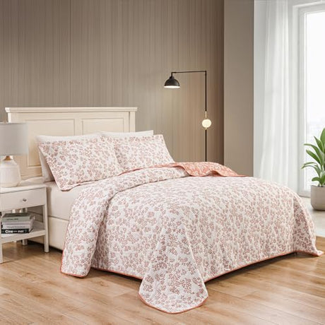 Marina Decoration Jacquard Embroidered Stitching Coverlet Bedspread Ultra Soft Bedding Solid 2 Piece Summer Quilt Set with 1 Quilted Sham, Pink Floral Twin/Single Size Marina Decoration