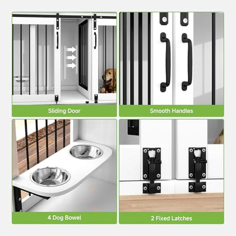 Real Relax 71” Large Dog Crate Furniture for 1 or 2 Dogs with Sliding Door, Heavy Duty Dog Kennel Furniture for Small/Medium Dogs with 4 Bowls, Dog Cage with Steel Frame, White Real Relax