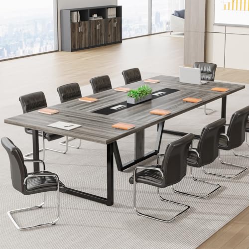 LITTLE TREE 8FT Conference Table for 10 People, Large Meeting Table, Modern Wooden Conference Room Table with Cable Management, Business Style Training Table with Strong Metal Legs for Office - WoodArtSupply