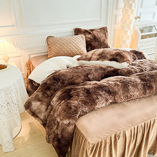 Luxury Faux Fur Shaggy Comforter Set Full/Queen Size, Plush & Sherpa Reversible Comforter Tie Dye Coffee, 3 Pieces Fluffy Fuzzy Bedding Set Ultra Soft and Warm for Winter (1 Comforter + 2 Pillowcases) Flysheep