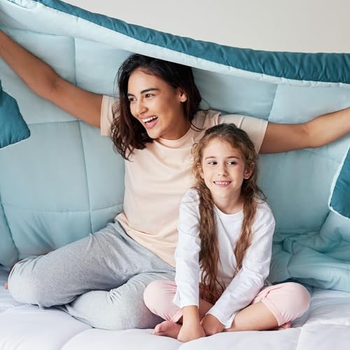Exclusivo Mezcla Lightweight Reversible Twin Size Comforter Set, Down Alternative Comforter with 1 Pillow Sham, Twin Size Bedding Set for All Seasons, Dusty Teal/Aqua Blue Exclusivo Mezcla