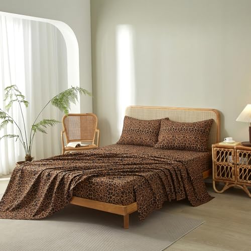 LifeTB Leopard Cheetah Printed King Sheets Set, Cooling Soft Microfiber Brown Leopard Bedding Sheets with 16" Deep Pocket, 4 Piece Vintage Animal Cheetah Pattern King Size Bed Sheets & Pillowcases LifeTB