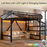 Bellemave Queen Loft Bed Frame with Storage Stairs, Beside Shelf & Wardrobe, Metal Queen Size Loft Bed with USB Ports&LED Light, Large Under-Bed Space Loft Beds for Adults,Teens, Kids, Black Natural Bellemave