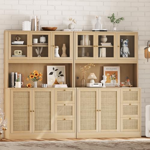 Irontar 70.9'' Kitchen Pantry Cabinet, Kitchen Hutch with Microwave Stand & Charging Station, Farmhouse Tall Storage Cabinet with Countertop, Bar Cabinet with Drawer and Glass Doors, Natural  - WoodArtSupply