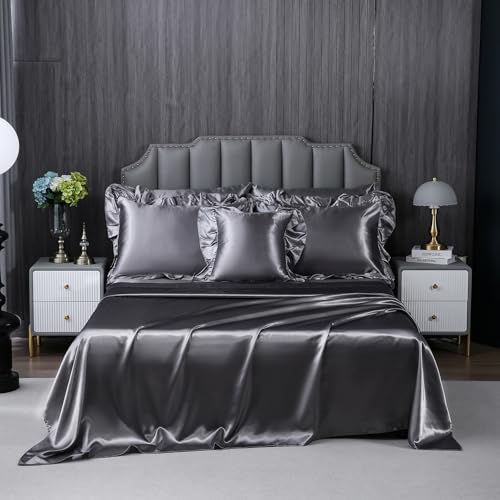 Herside Satin Comforter Set with Sheet Set Queen Size,8 Pieces Grey Ruffle Comforter Silk Like Satin Bedding Set,Soft Smooth Luxury Silky Quilt Set with 1 Cushion Cover All Season Herside