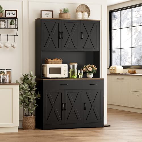 HOSTACK 71" Pantry Cabinet with Charging Station, Tall Kitchen Pantry Storage Cabinet with Microwave Stand, Farmhouse Kitchen Hutch Cabinet with Storage Drawers for Living Room, Dining Room,  - WoodArtSupply