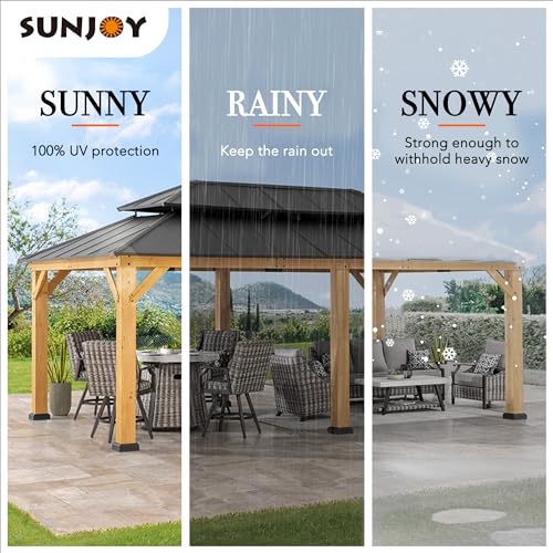 Sunjoy 12 x 20 ft. Wood Gazebo, Outdoor Patio Aluminum Hardtop Gazebo, Cedar Framed Wooden Gazebo with 2-Tier Roof, Suitable for Patios, Lawn and Backyard, Dark Brown Roof + Natural Wood Fram - WoodArtSupply