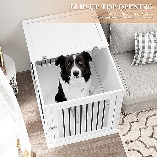 PUPETPO Dog Crate Furniture with Cushion, Dog Crate End Table Large, Indoor Dog Kennel, Dog House, Dog Cages for Large Dogs, Furniture Style Dog Crate with Flip-top, Chew-Proof Metal Bars, White PUPETPO