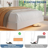 coucheta Full Floating Bed Frame with LED Lights, Upholstered Platform Bed with Crystal Tufted Headboard, Storage Shelves, Heavy Duty Metal Slats, No Spring Needed, Noise Free, Easy Assembly, White coucheta