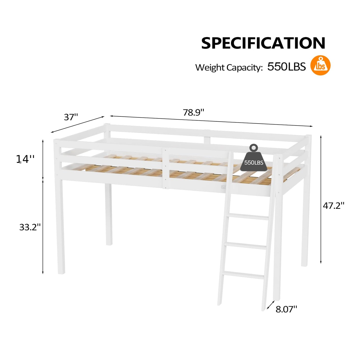 VINGLI 47'' Tall Junior Low Loft Bed with Stairs, White Wood Loft Bed Twin Size for Adults, Kids and Young Teens, No Box Spring Required,Wood Slat Support