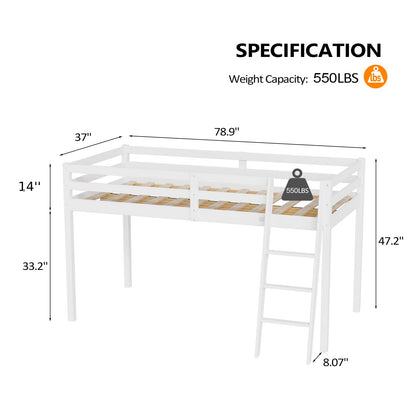 VINGLI 47'' Tall Junior Low Loft Bed with Stairs, White Wood Loft Bed Twin Size for Adults, Kids and Young Teens, No Box Spring Required,Wood Slat Support