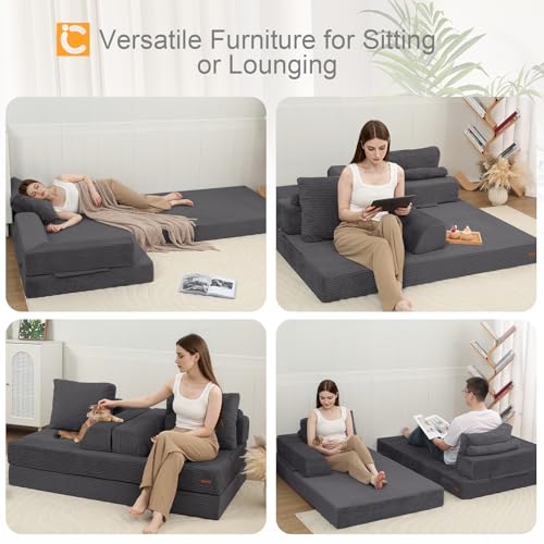 COMAX Convertible Sofa Bed, Folding Floor Couch Corduroy Fold Out Couch Bed Futon Sleeper Mattress with Pillows, Boneless Sofa Comfy Lounge Loveseat for Living Room Bedroom, Grey COMAX