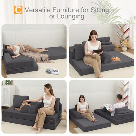 COMAX Convertible Sofa Bed, Folding Floor Couch Corduroy Fold Out Couch Bed Futon Sleeper Mattress with Pillows, Boneless Sofa Comfy Lounge Loveseat for Living Room Bedroom, Grey COMAX