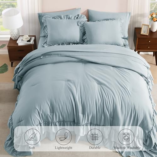 AMBERSPACE King Size Comforter Set Dusty Blue, Ruffle Shabby Chic Bedding Set Farmhouse 7 Pieces, All Season Fluffy Bed in a Bag with Sheets, Pillowcases & Shams AMBERSPACE