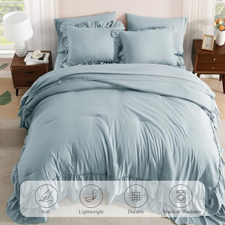 AMBERSPACE Queen Comforter Set Dusty Blue, Ruffle Shabby Chic Bedding Set Farmhouse 7 Pieces, All Season Fluffy Bed in a Bag with Sheets, Pillowcases & Shams AMBERSPACE