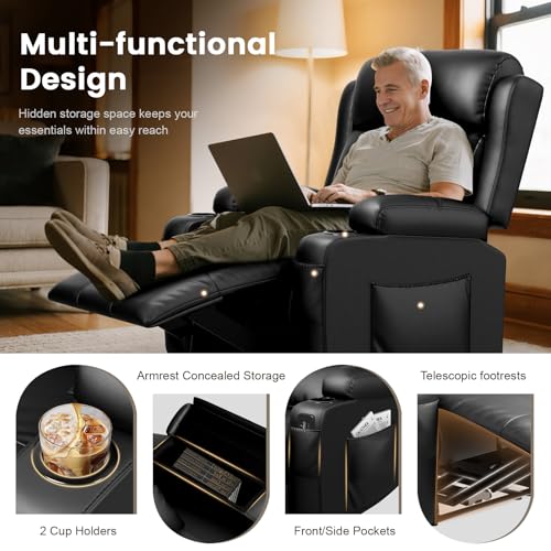 TOMOSLTER Home Theater Seating Power Recliner Chair, Massage Reclining Sofa with Cup Holders, Wall Hugger RV Recliners,145° Adjustable Recline & Pockets for Movie Room(Black, Single Chair)